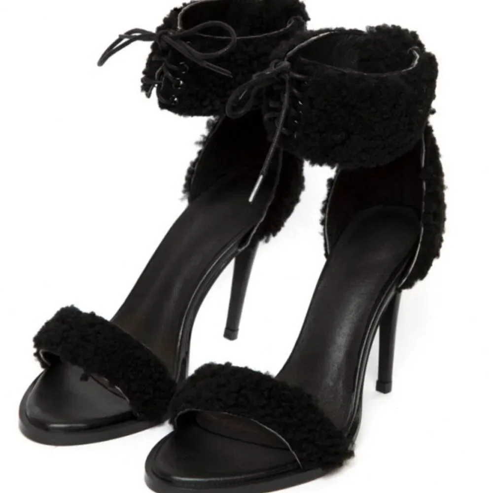 JAGGAR Transcendence Shearling Fur Heels in Black Lace Up Women's Size 9